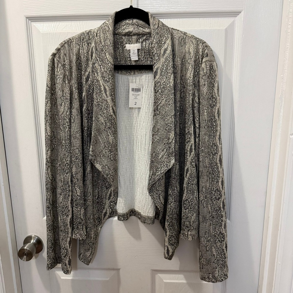 NEW Chicos Size L / 2 Drape Front Open Jacket Metallic Crinkle Gold LS Snake